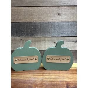Set Of 2 Green Thankful Wooden Pumpkins 7.5”